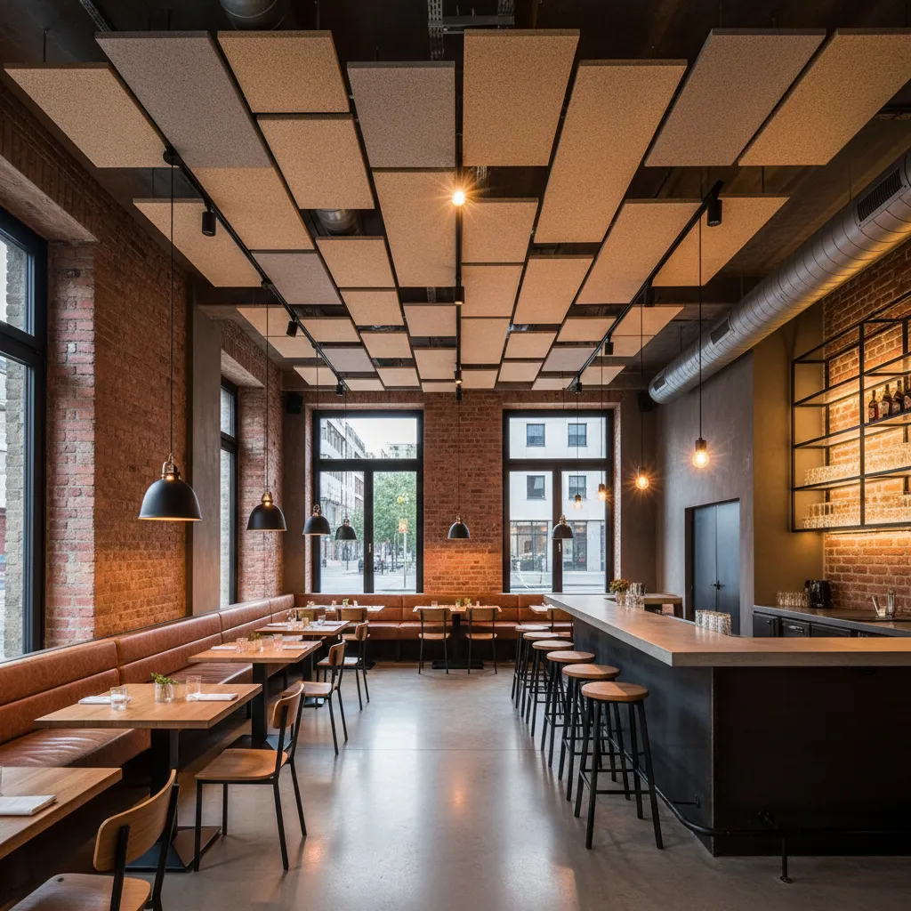 Paneles acústicos Träullit Decor instalados en el techo de un restaurante moderno