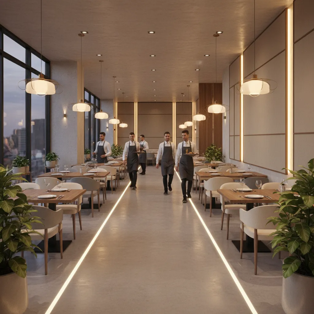 Restaurant aisle layout demonstrating clear staff and guest traffic flow