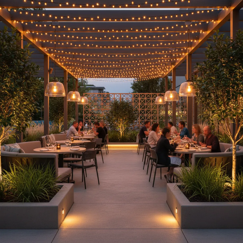 Restaurant patio with warm amber LED lights above outdoor dining tables