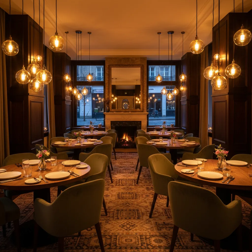 restaurant dining space with soft incandescent ambient lighting