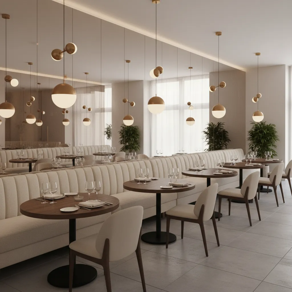 Restaurant banquette seating with mirror wall reflecting dining area