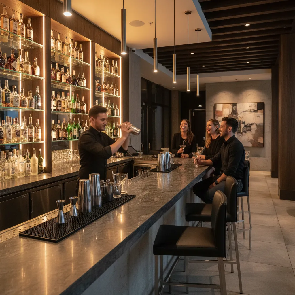 Guests sitting at an elegant restaurant bar with bartender preparing cocktails