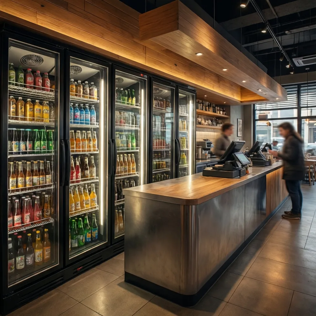 Restaurant counter area with upright glass door beverage display refrigerator