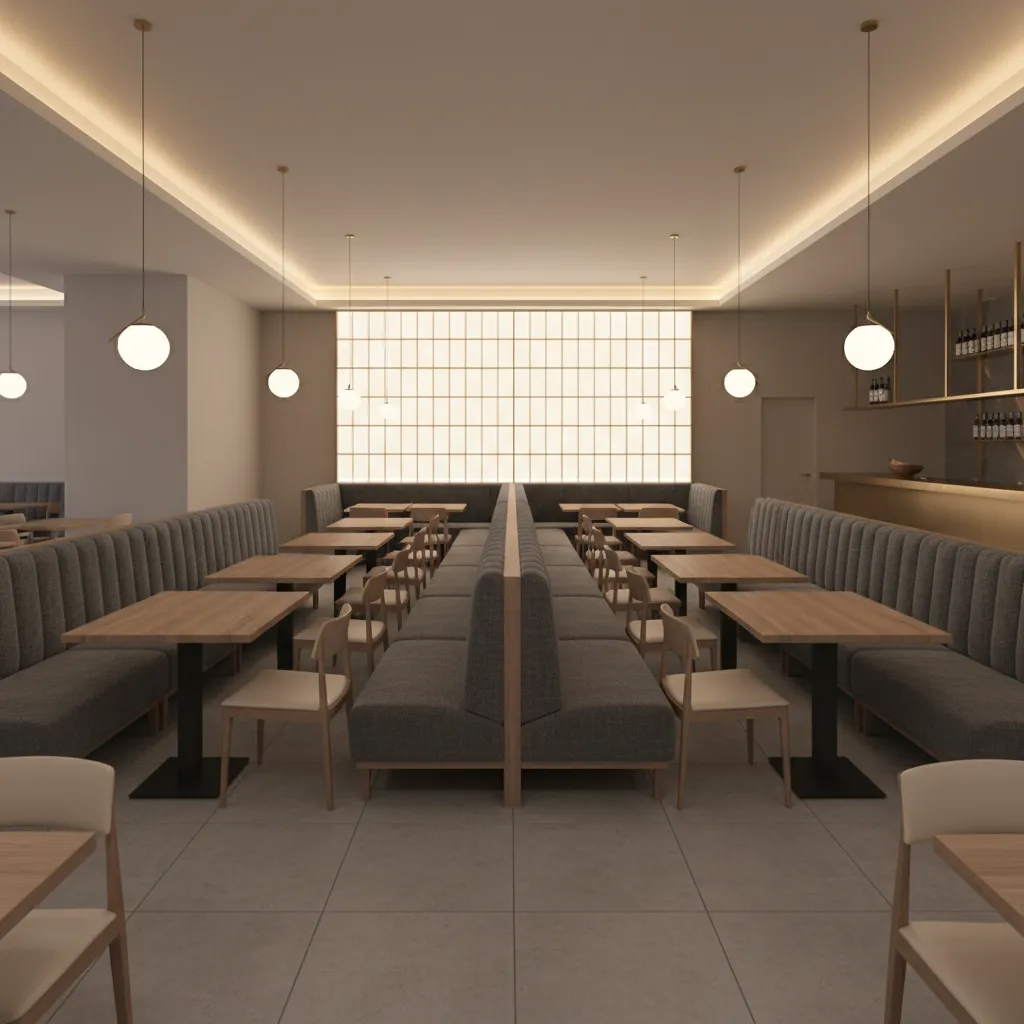 restaurant booth seating layout inside a modern dining interior