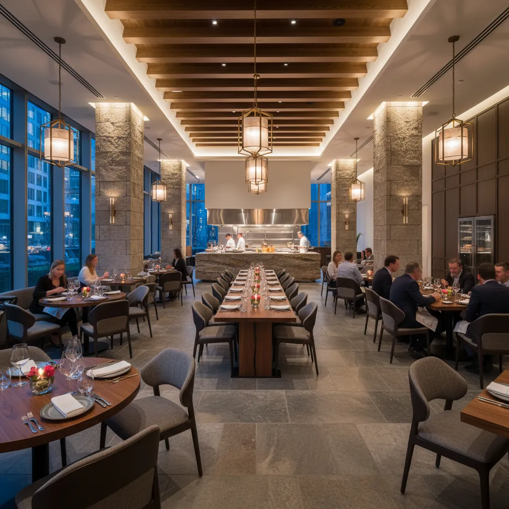 Busy upscale restaurant interior during peak dinner hours