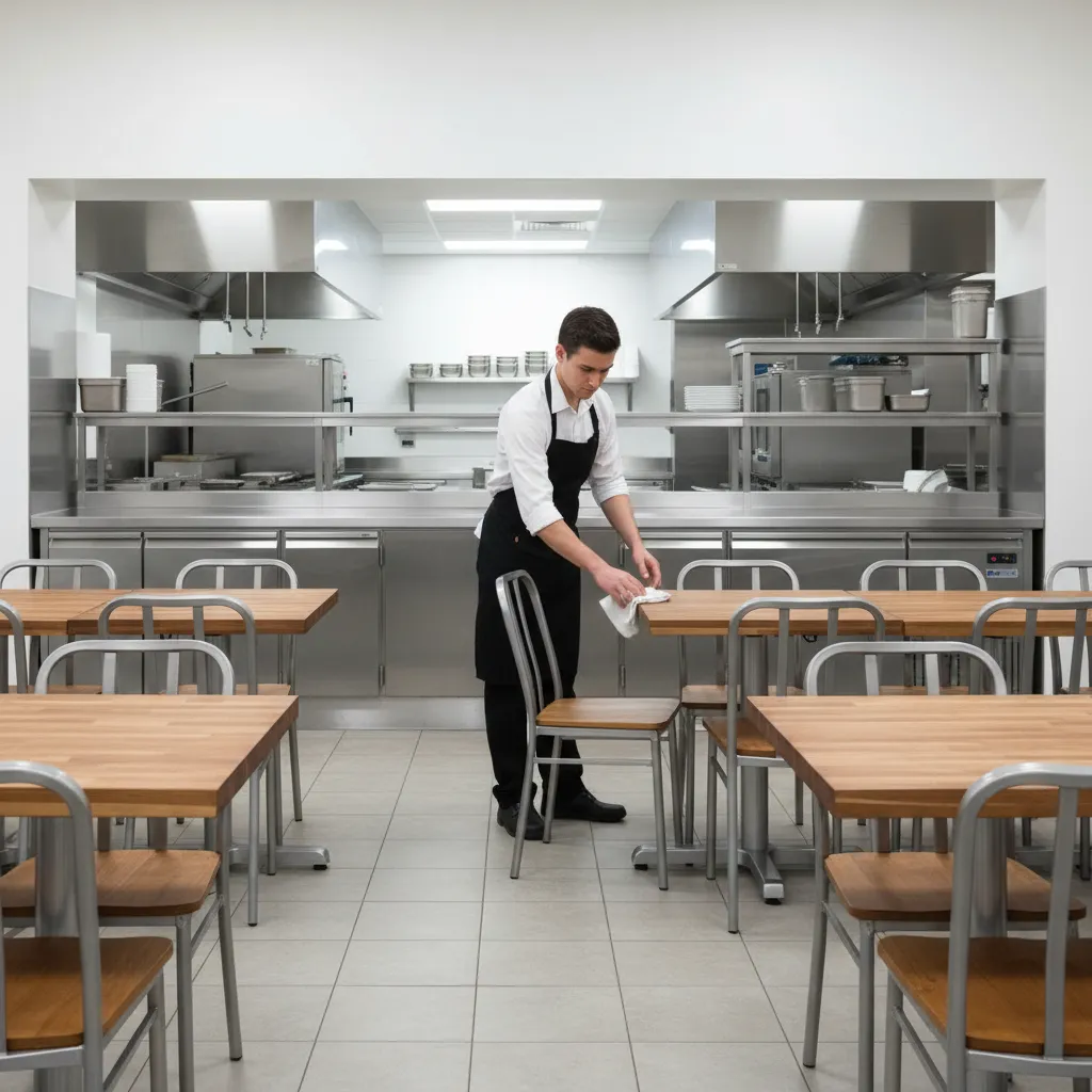 Restaurant staff cleaning durable dining chairs and wood table surfaces