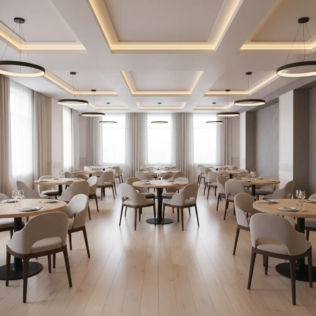 Restaurant dining room with evenly spaced round tables for group seating
