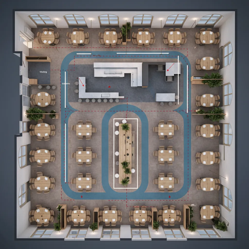 Diseño de circulación entre mesas en un restaurante