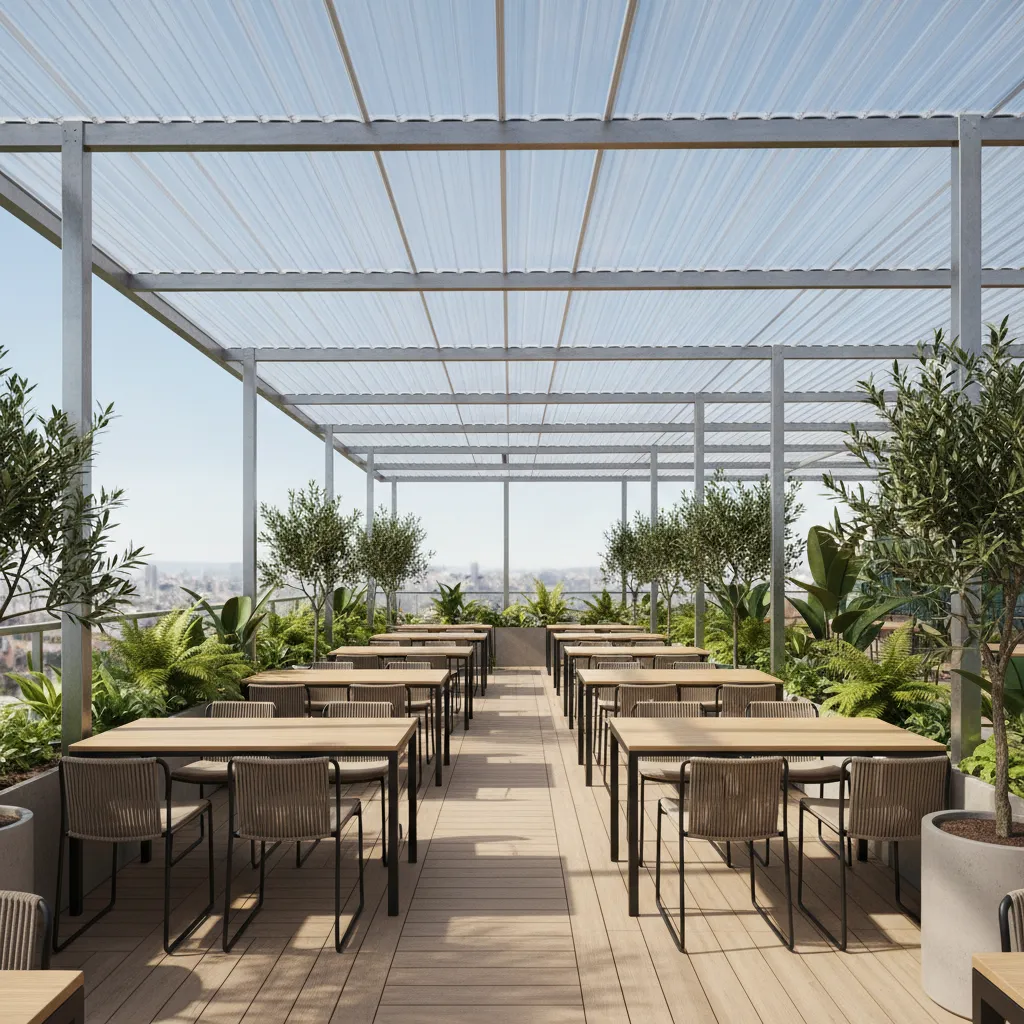 Outdoor restaurant seating area under clear patio roof panels
