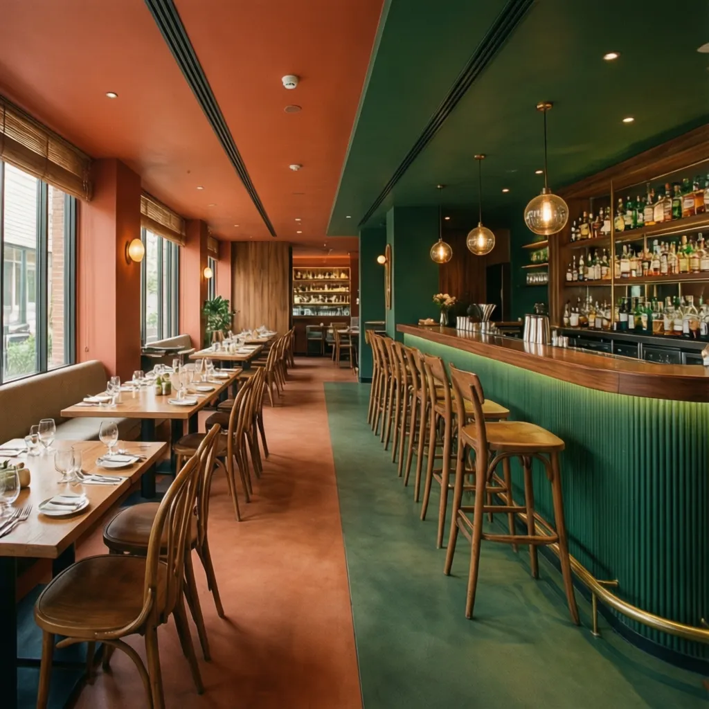 Restaurante con diferentes zonas definidas por colores y materiales