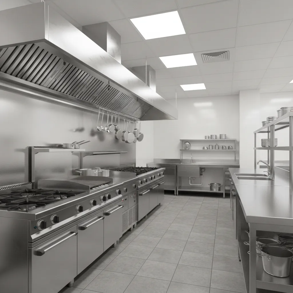 professional stainless steel commercial kitchen interior with cooking line and prep counters