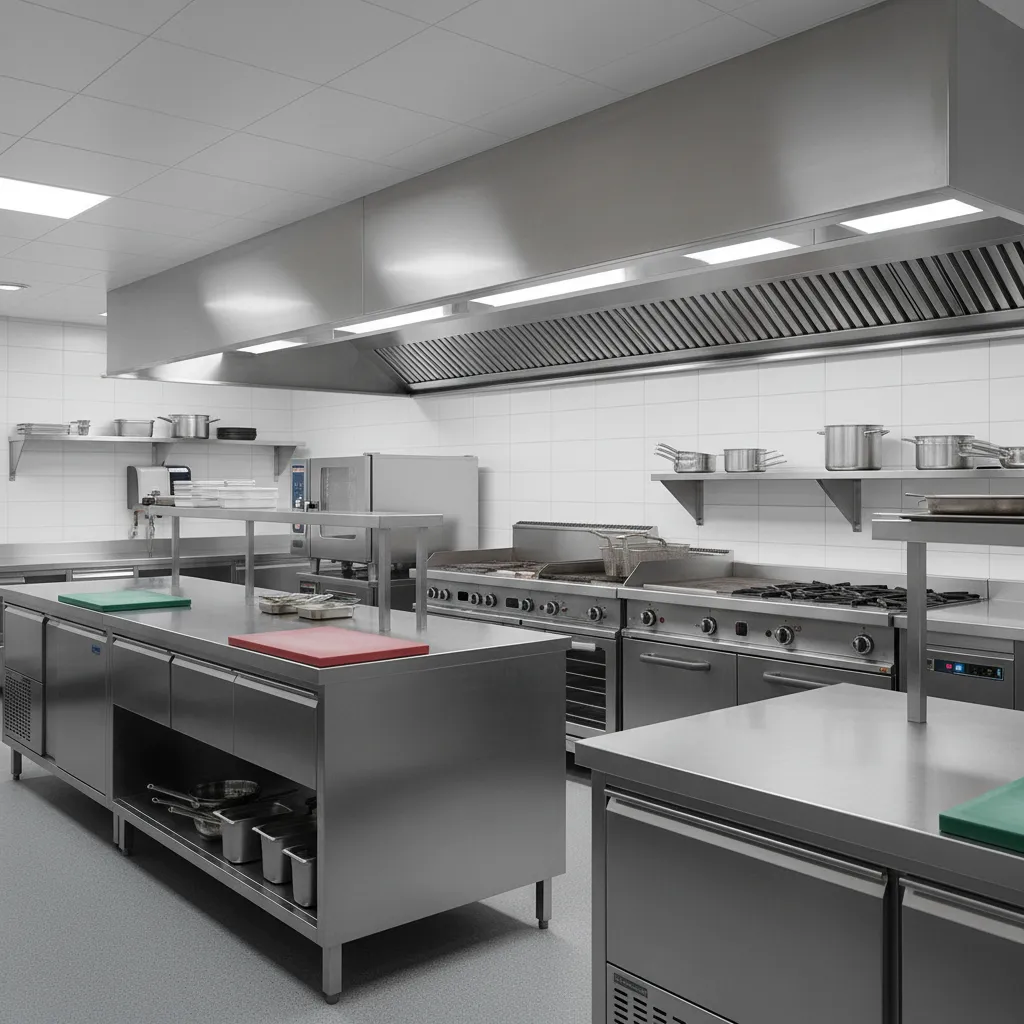 organized commercial restaurant kitchen with cooking line and prep areas