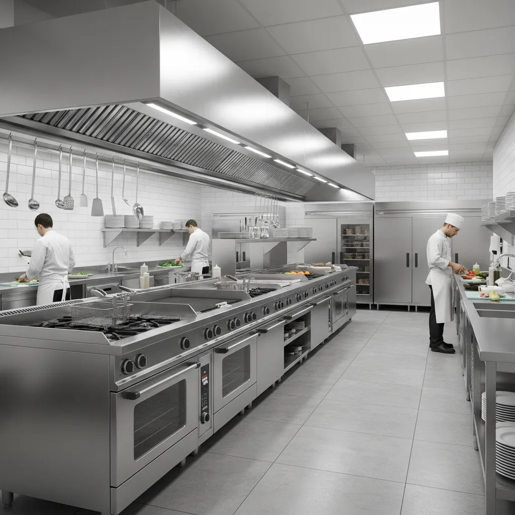 Professional restaurant commercial kitchen with stainless steel cooking line and prep counters