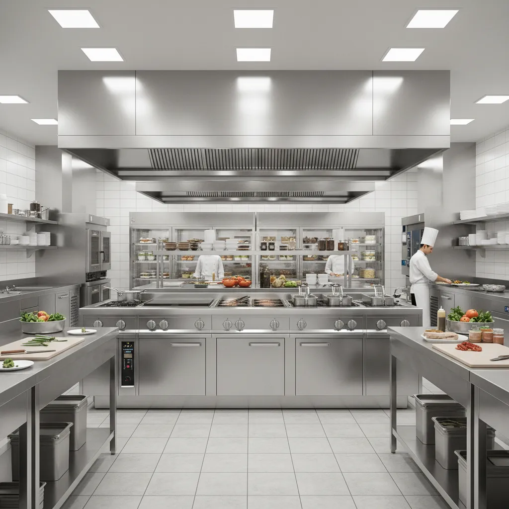 professional restaurant commercial kitchen with stainless steel cooking equipment and prep stations