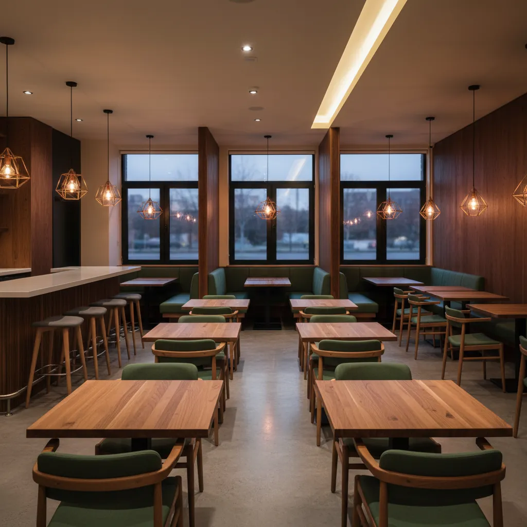 Modern restaurant interior with wooden tables green chairs bar stools hanging ceiling lights and windows