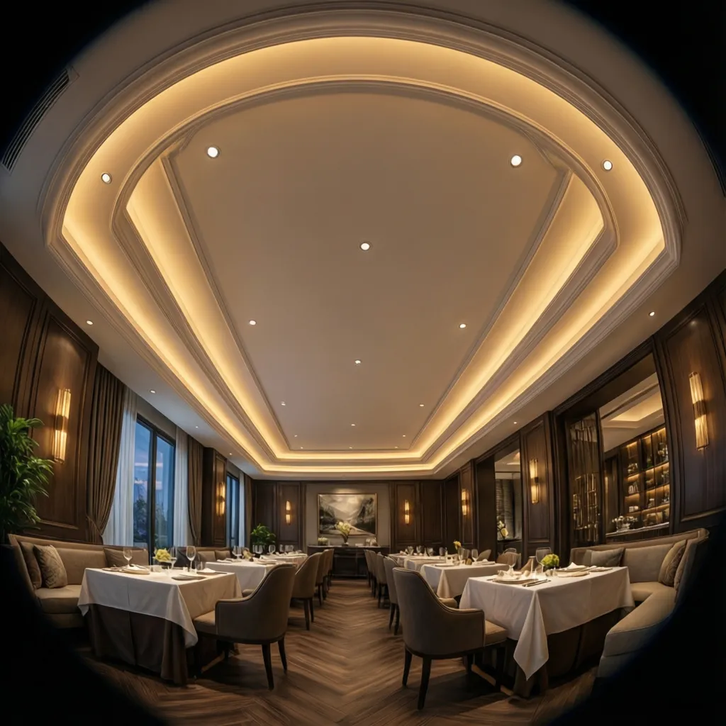 Restaurant ceiling with crown molding and hidden cove lighting