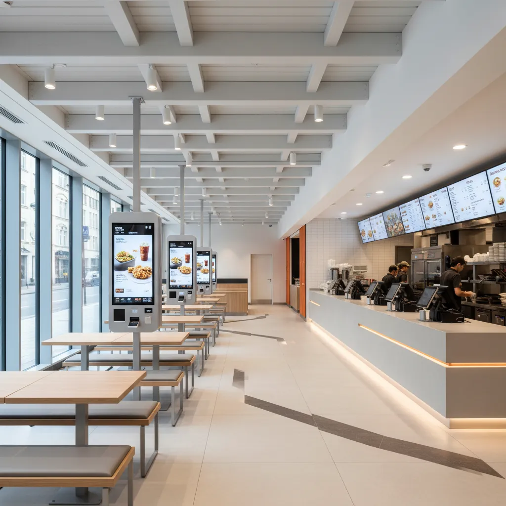 Área de pedidos con quioscos digitales y circulación clara de clientes