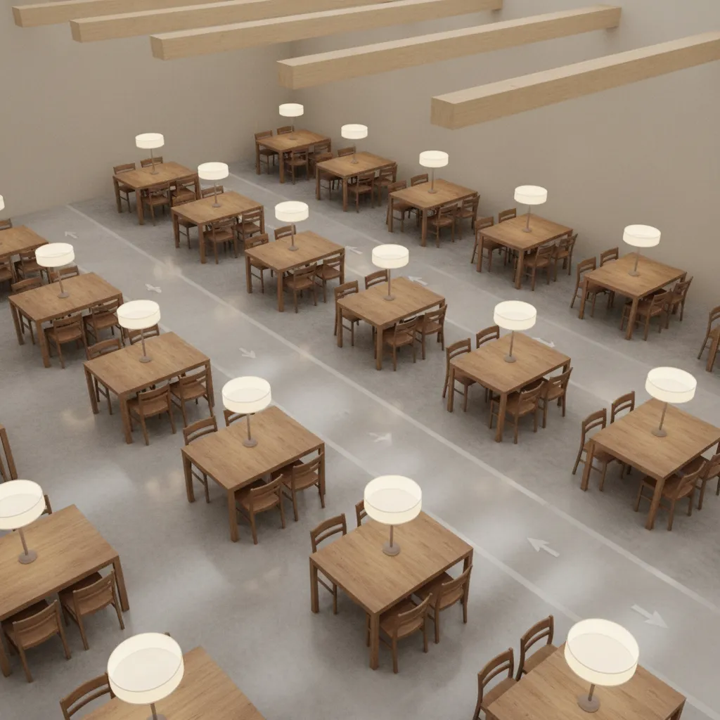 Restaurant dining room layout showing table spacing and service aisles