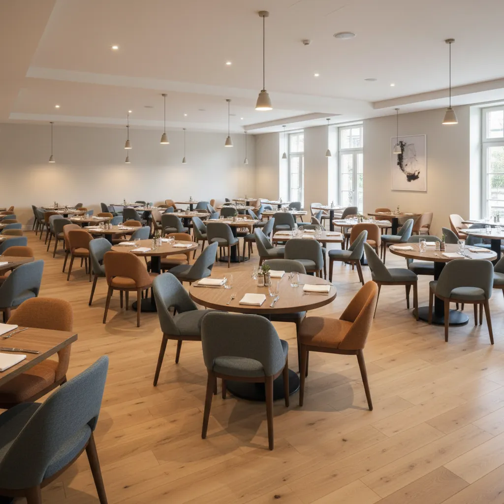 Restaurant dining room layout with highlighted circulation paths between tables