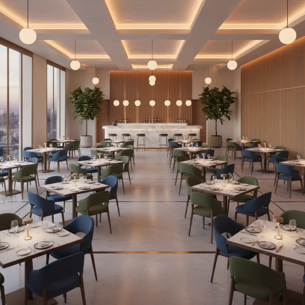 Restaurant dining room layout showing circulation aisles and table arrangement