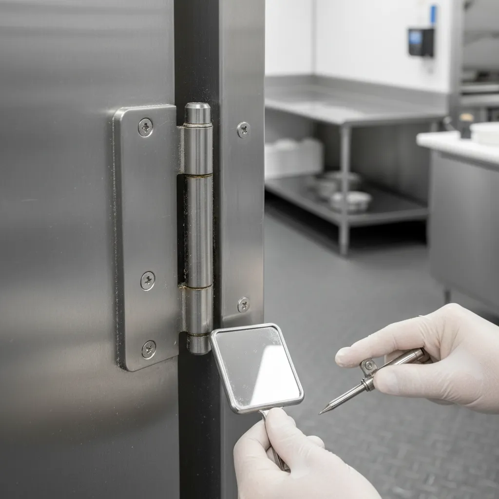 Close up inspection of commercial kitchen door hinge hardware