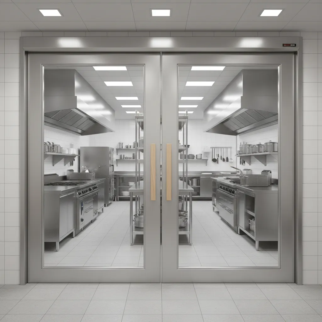 Commercial kitchen swing door with large vertical tempered glass vision panel
