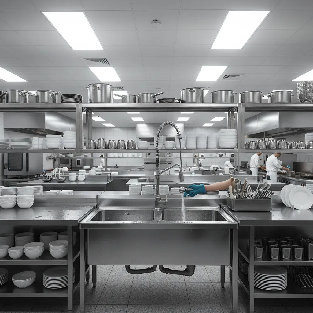 restaurant dishwashing station with stainless steel double sink and sprayer faucet