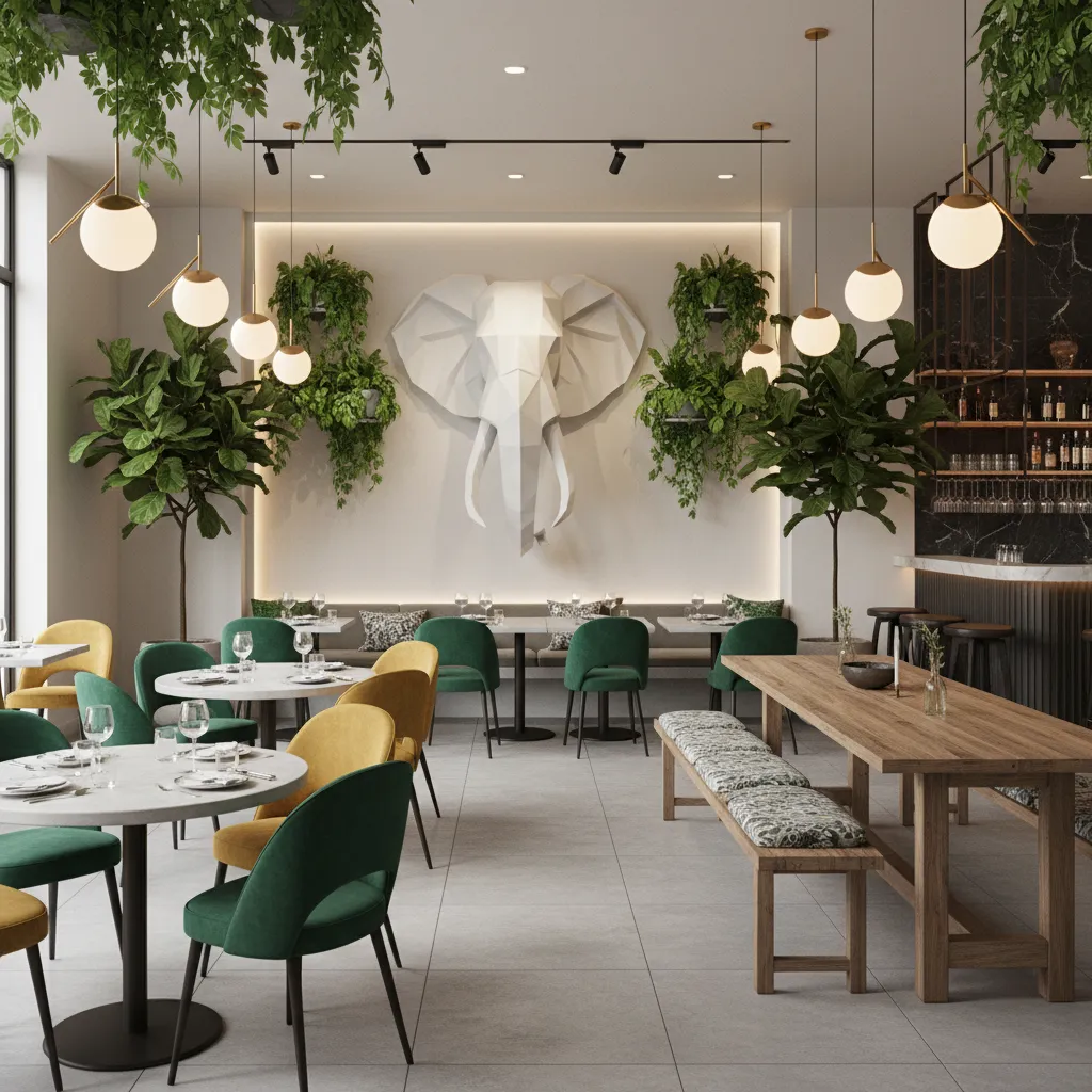 Restaurant interior with elephant wall sculpture feature wall