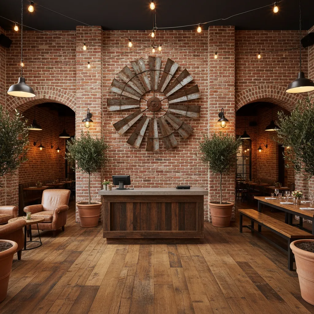 Restaurant entry area with large windmill metal wall art behind host stand