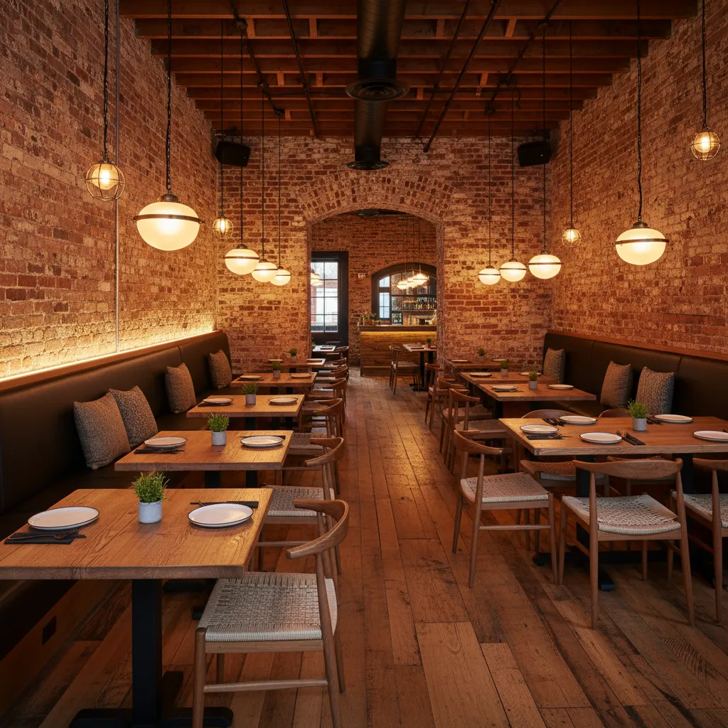 restaurant dining room with exposed brick walls and warm lighting