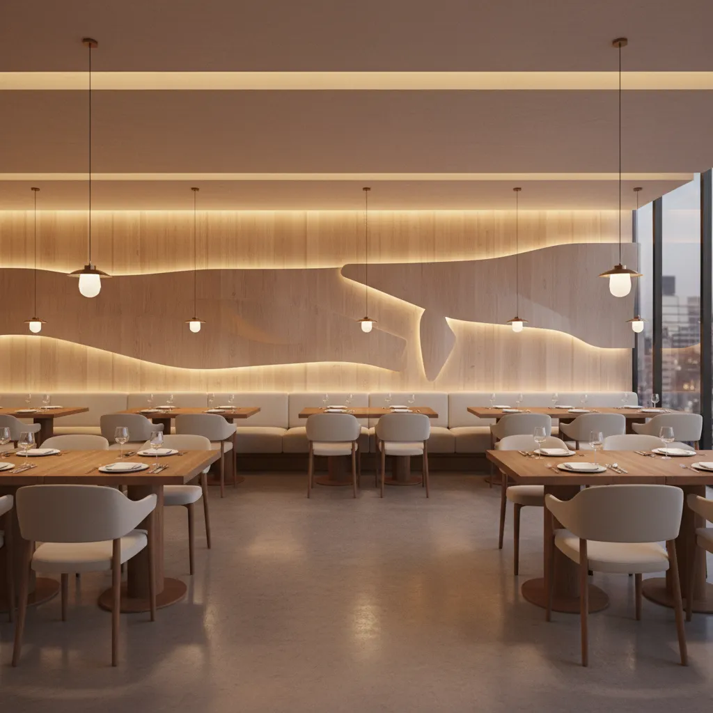 stylish restaurant dining room with artistic feature wall