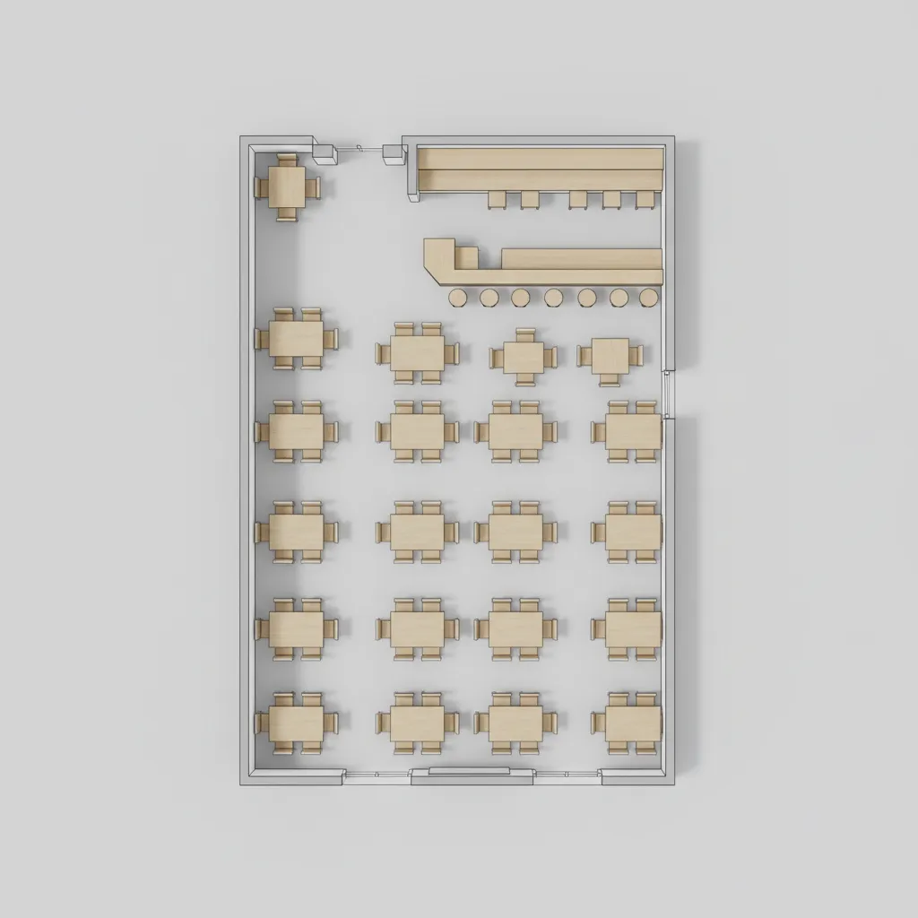 Simple restaurant dining layout diagram with tables and seating zones