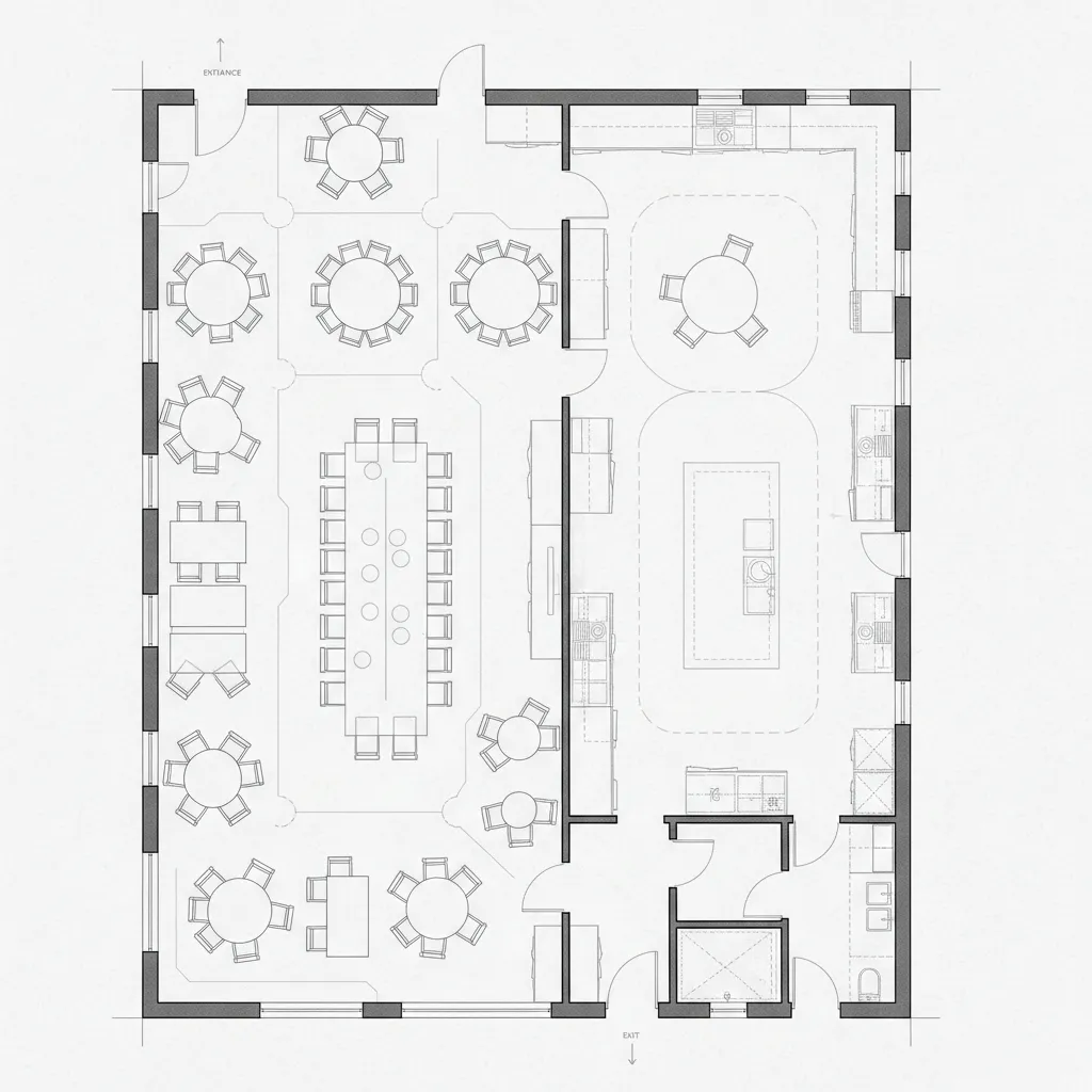 Top down restaurant floor plan showing round tables long dining tables chairs and kitchen area