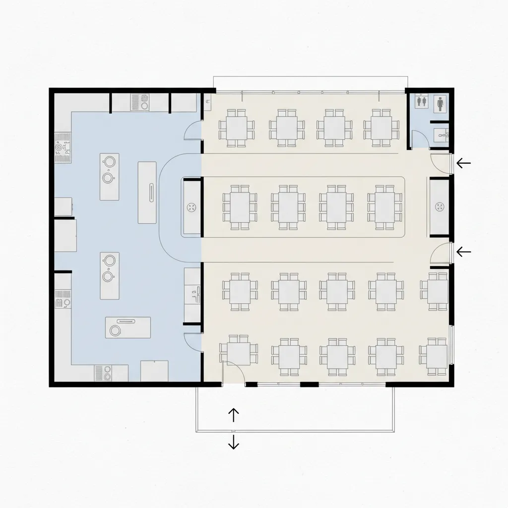 Restaurant seating floor plan with tables kitchen and service paths