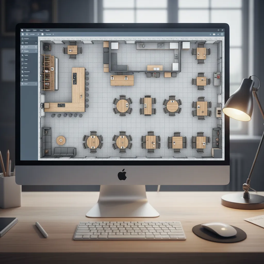 restaurant floor plan tool interface showing tables kitchen and seating layout