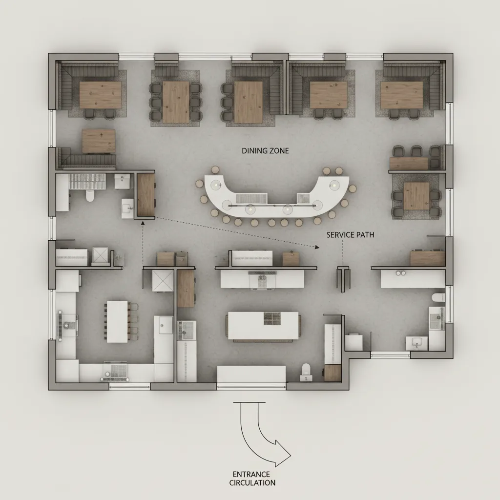restaurant floor plan zoning showing dining area kitchen and circulation paths