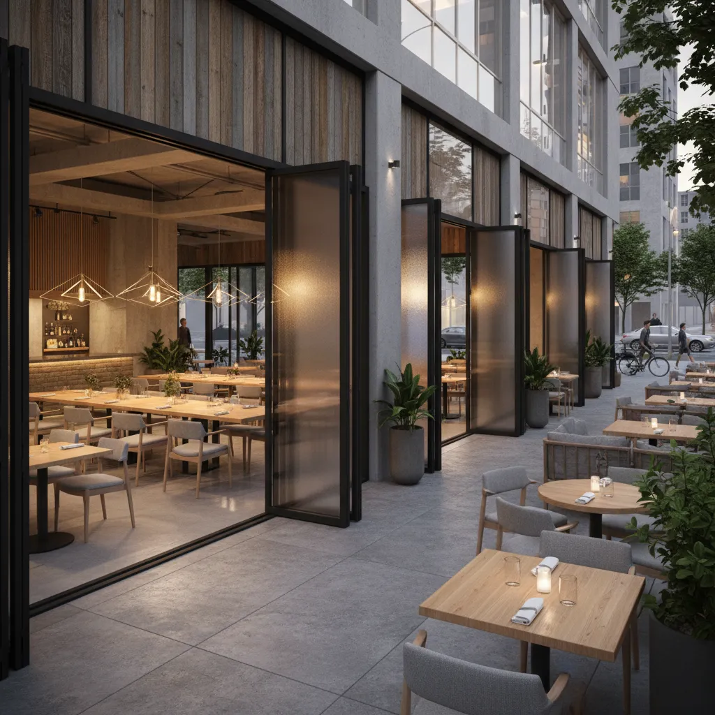 Restaurant facade with folding security door system creating open indoor outdoor seating