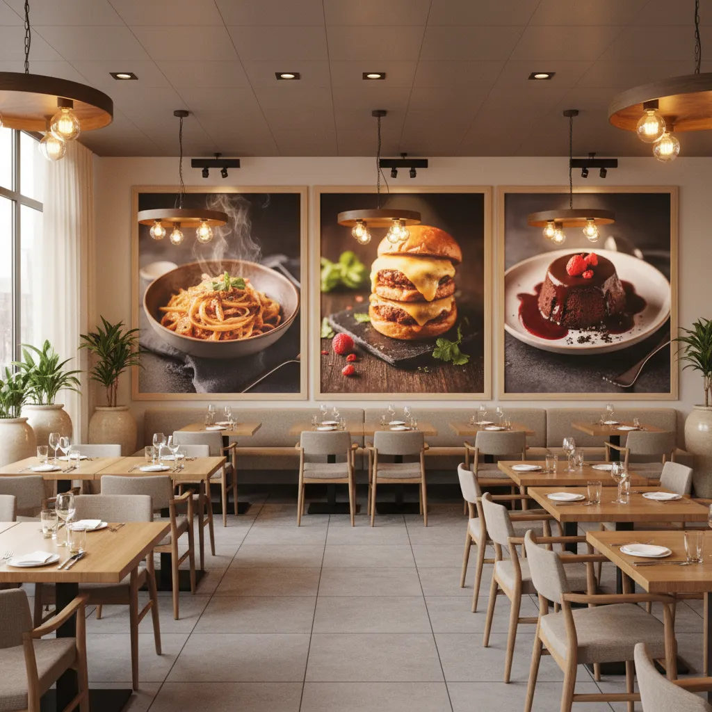 restaurant dining area with large food photography wall decor