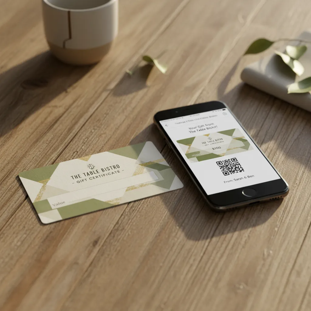 physical and digital restaurant gift cards displayed on smartphone and table