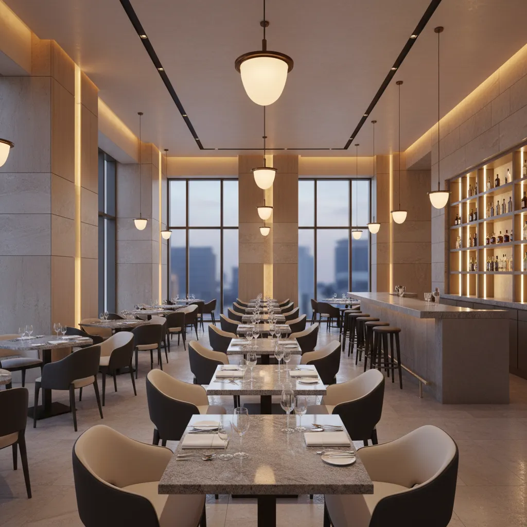 Upscale restaurant interior with granite dining tables and modern chairs