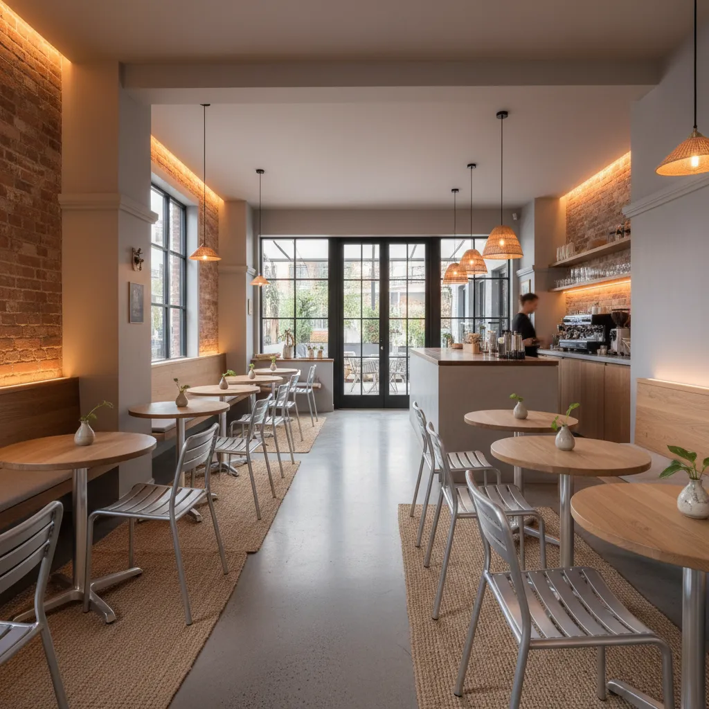 Cafe interior with aluminum patio chairs and small bistro tables