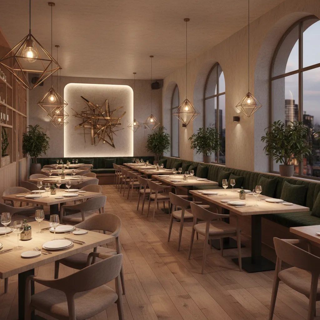 Restaurant interior with wooden tables green wall seating arched windows and geometric gold ceiling lights
