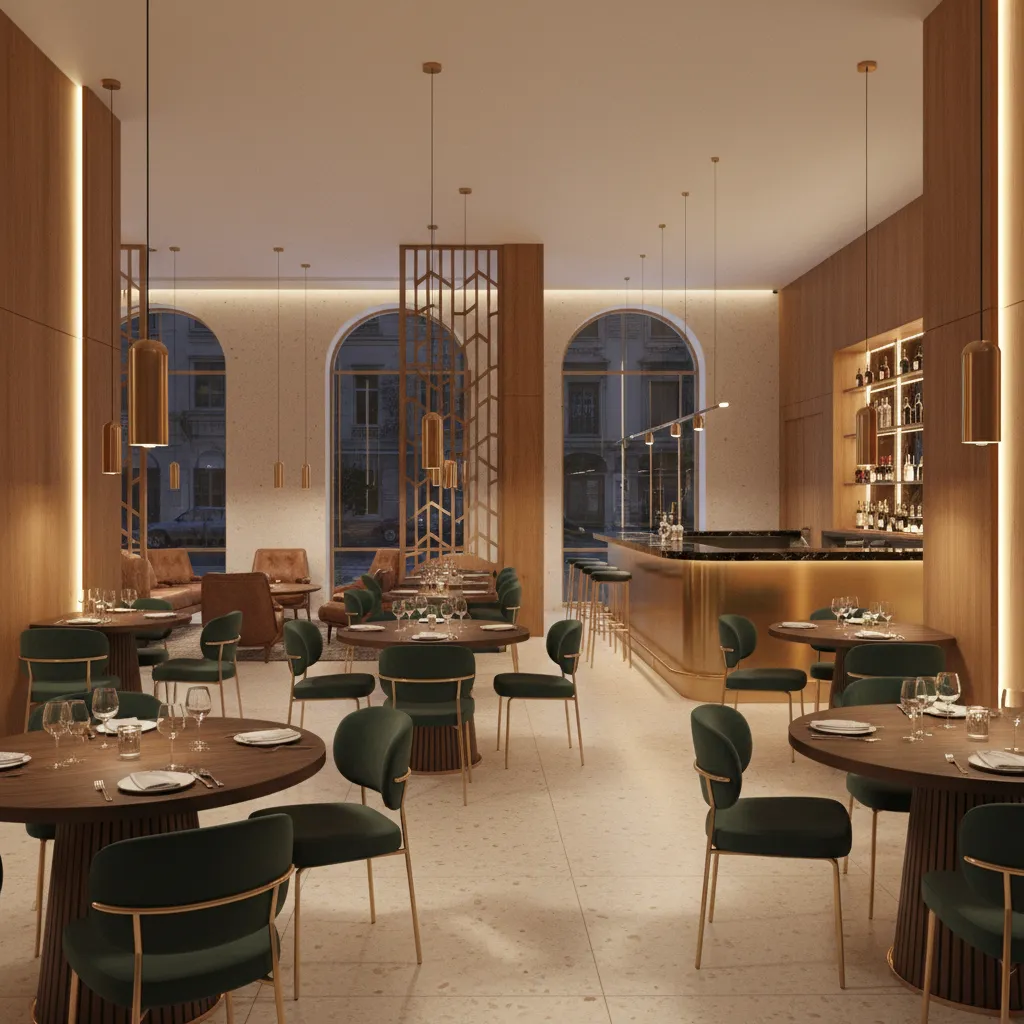 Stylish restaurant interior concept with warm lighting and modern seating