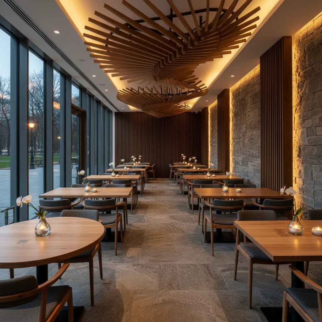 Modern restaurant interior featuring stone walls wood wall panels large windows and unique wood ceiling