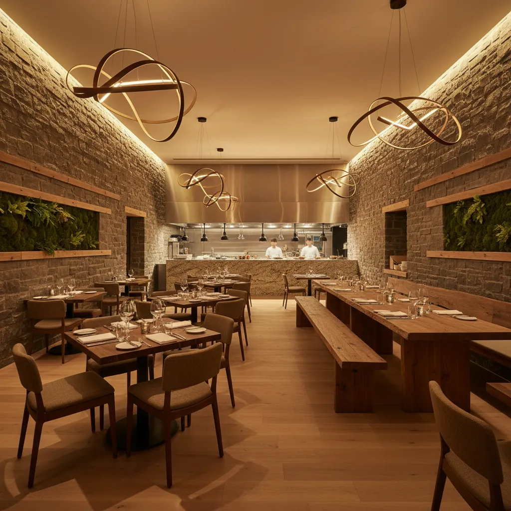Rustic restaurant with stone walls wooden tables long benches warm ceiling lights and open kitchen