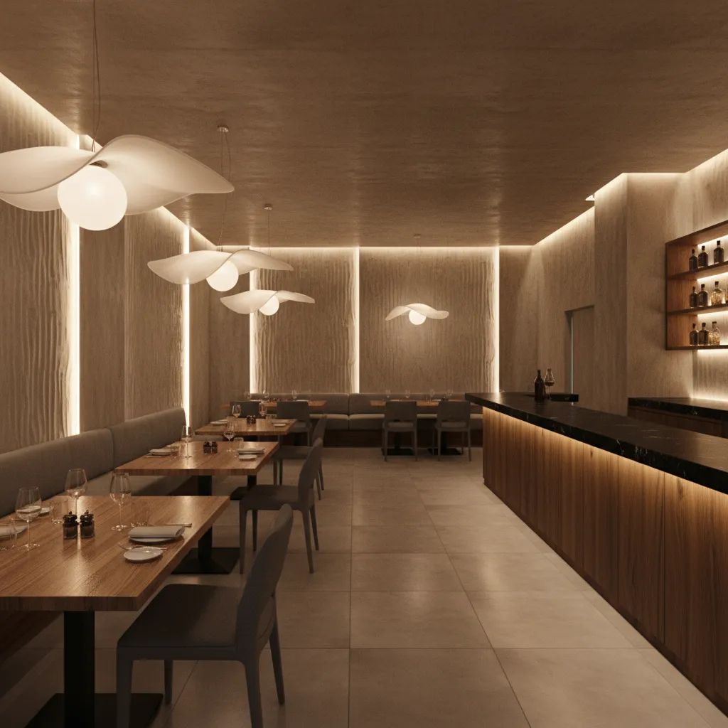 Modern restaurant with petal shaped ceiling lights wooden tables and a long wooden bar counter