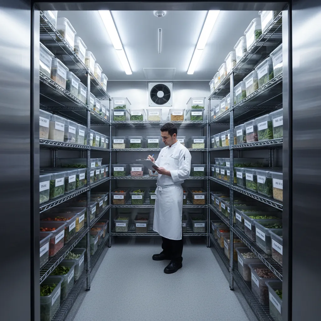 restaurant staff checking food inventory in walk in refrigerator
