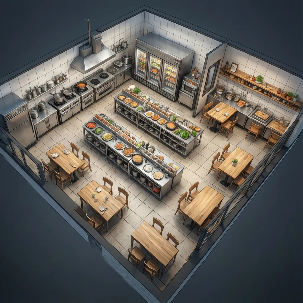 3d restaurant kitchen floor plan layout with equipment placement