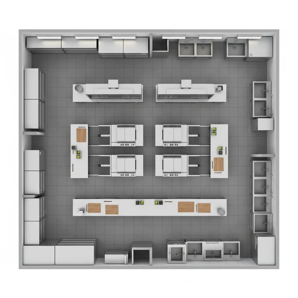3D restaurant kitchen layout planning with cooking stations and workflow paths