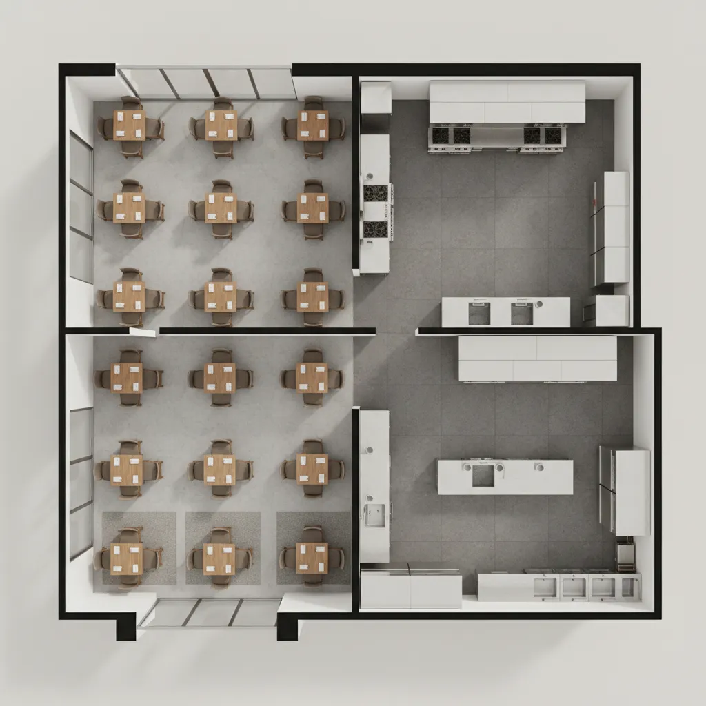 3D restaurant floor plan showing dining area and kitchen workflow layout